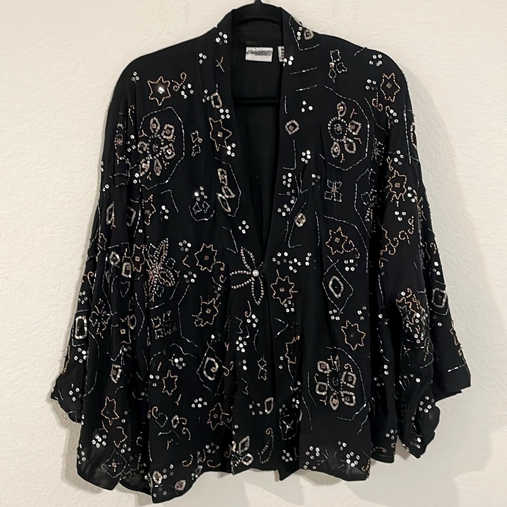 Chico’s Women’s Kimono Cardigan Large Black Beaded Coastal Grandma Contemporary